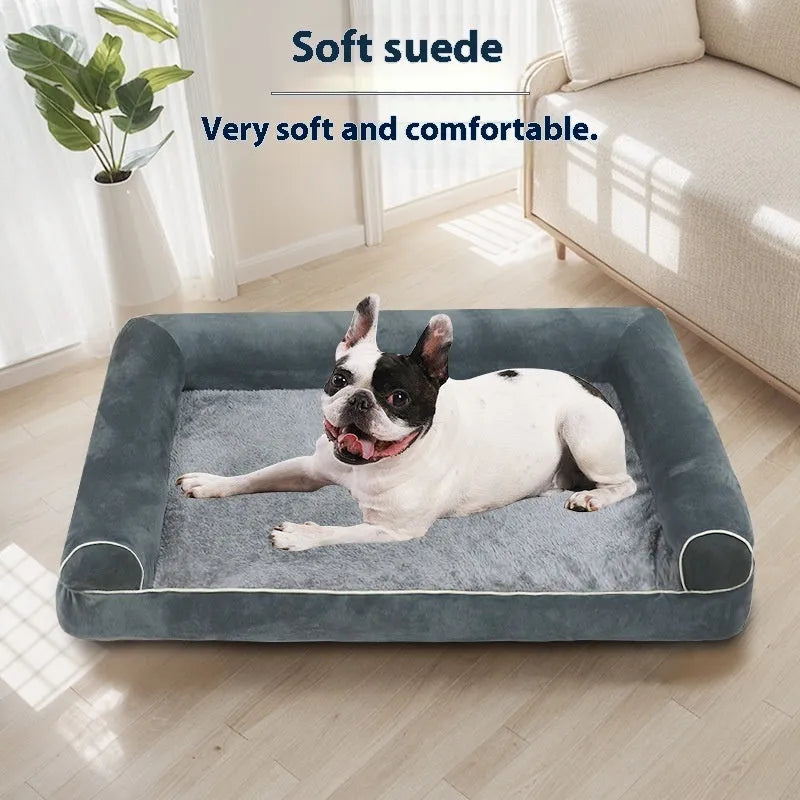 Rectangular grey dog bed with square raised edges and sponge fill for a sleeping dog.