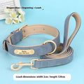 Double-layer mohair leather dog collar and matching traction rope in rose red, brown, or blue.