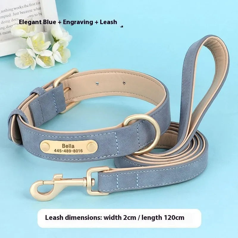 Double-layer mohair leather dog collar and matching traction rope in rose red, brown, or blue.