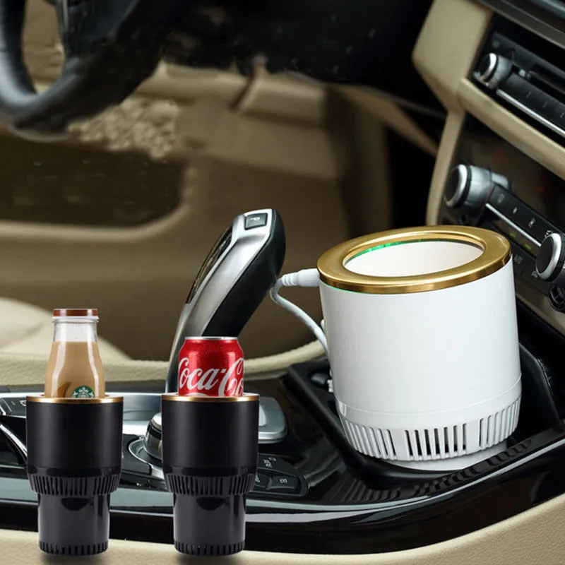 White car cup heater cooler with aluminium interior, plugged into 12V outlet, holding a metallic can