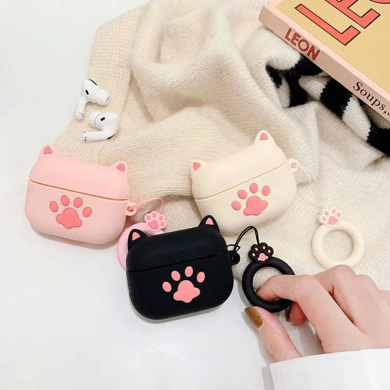 Cat claw silicone headphone case for Airpods with pink cat ear design and ring rope