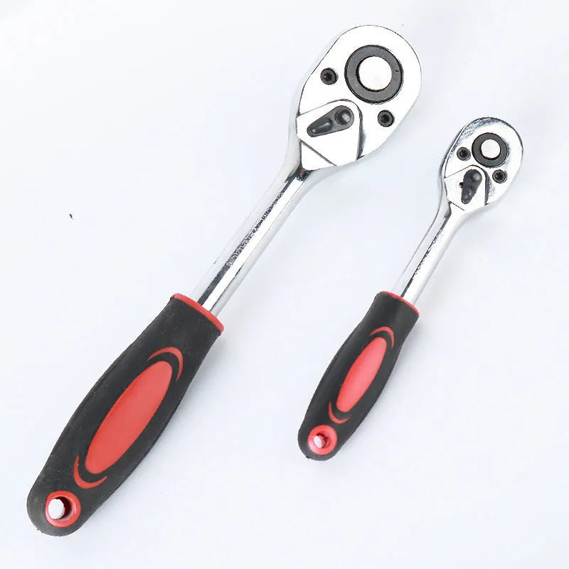 61-piece chrome vanadium steel auto repair socket and wrench set with ratchets, metric sockets, and extensions on a grey background.