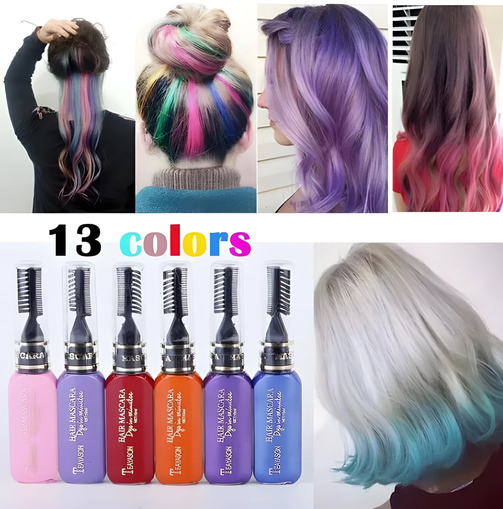 13-colour temporary hair dye mascara pens in Black, Blue, Purple, Gold and more on a white background