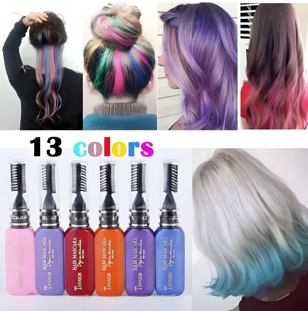 13-colour temporary hair dye mascara pens in Black, Blue, Purple, Gold and more on a white background