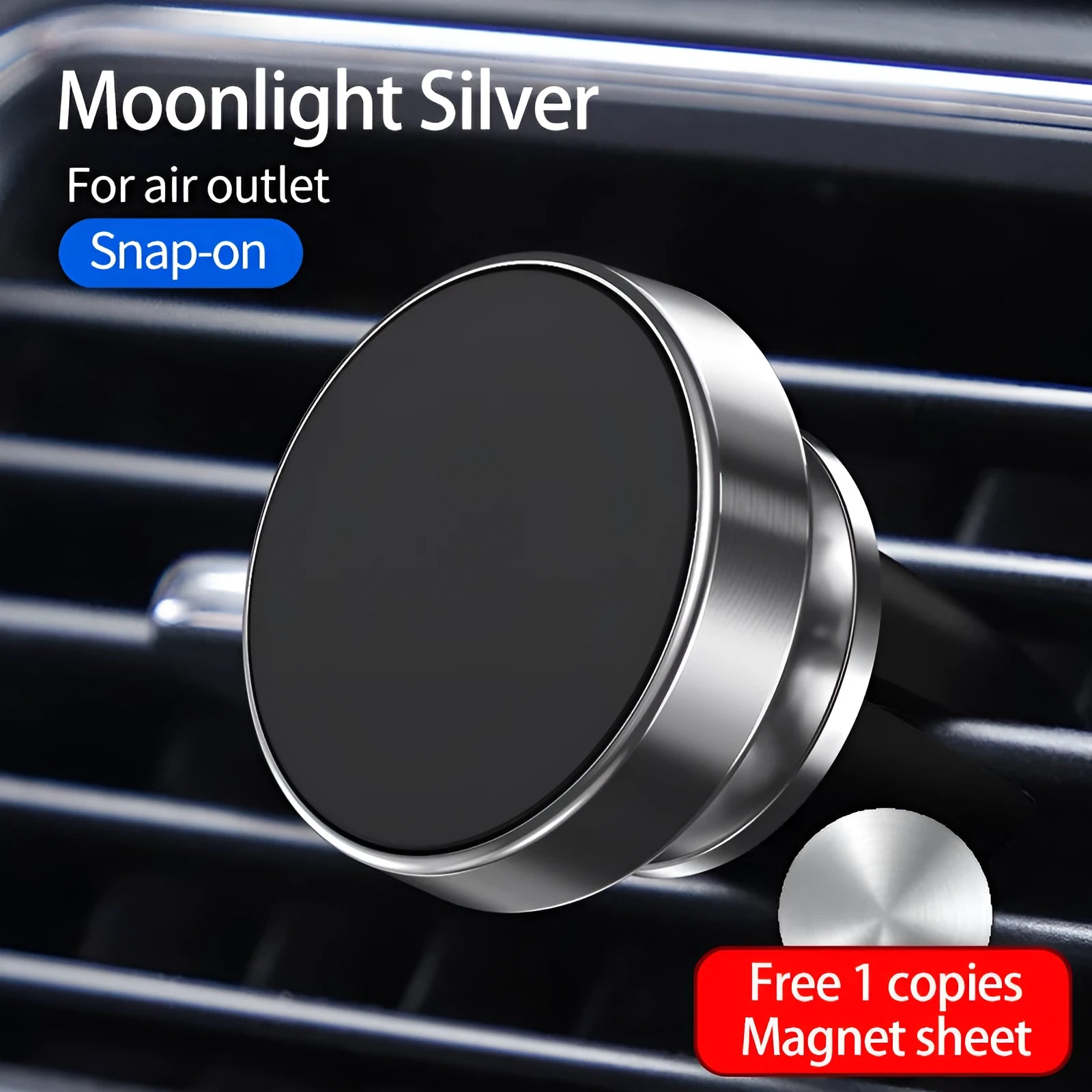 Black magnetic car phone holder attached to a car air vent, holding a smartphone at an angle.