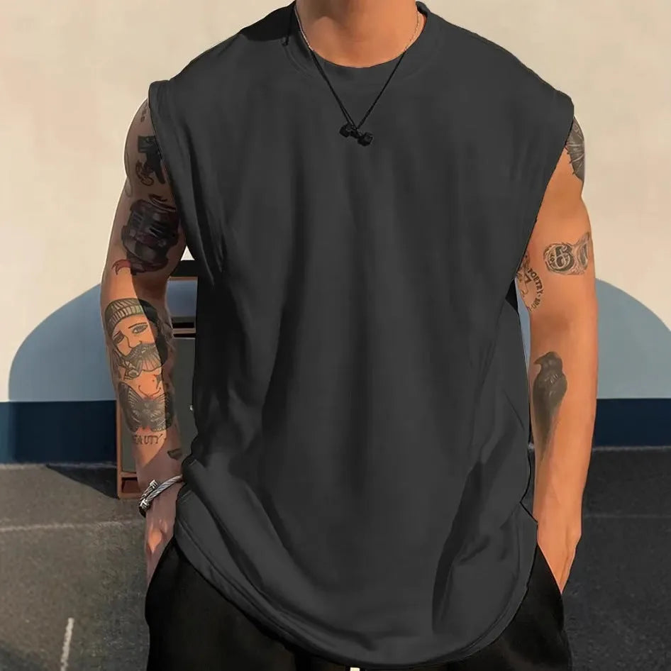 Men's loose fit solid colour cotton tank top on a hanger