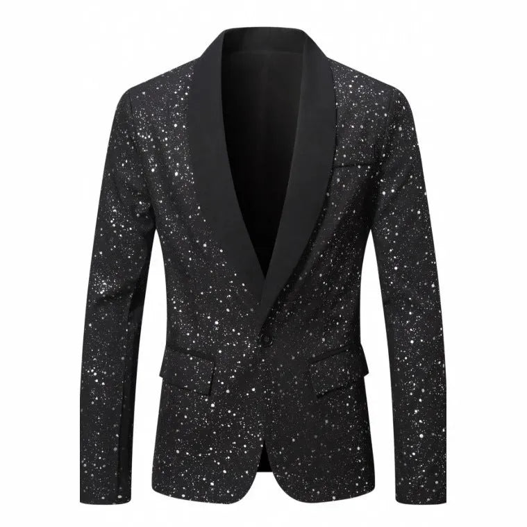 Men's black shiny polyester blazer with straight hem, long sleeves, regular fit, formalwear for weddings and banquets