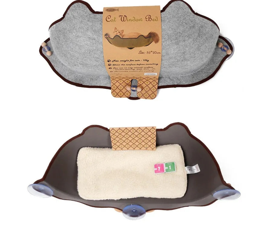 Cat sleeping on a window sill hammock made of EVA and felt cloth, secured by three 8.5cm suction cups