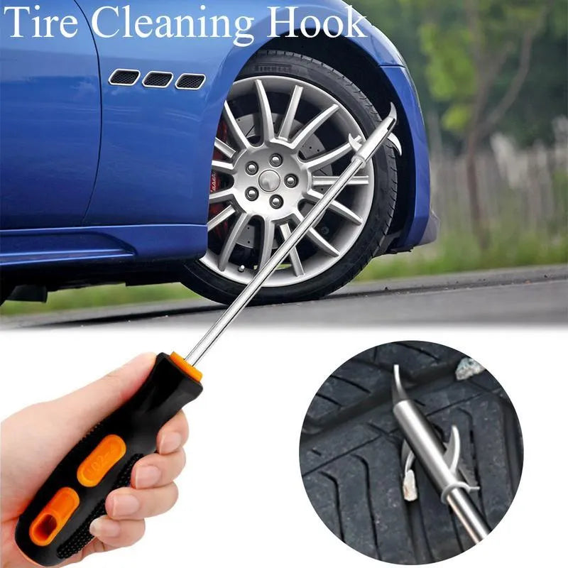 Car tyre cleaning hook made of zinc alloy and hard plastic with a built-in Phillips screwdriver