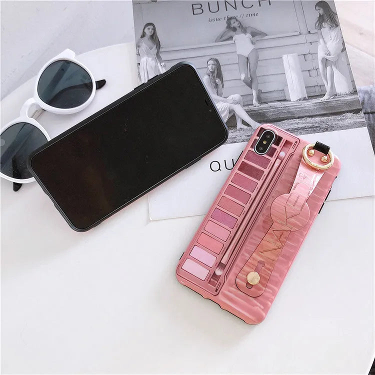 Rose red phone case with wristband and eye shadow box compatible with iPhone 7 8 Plus X XR XS Max