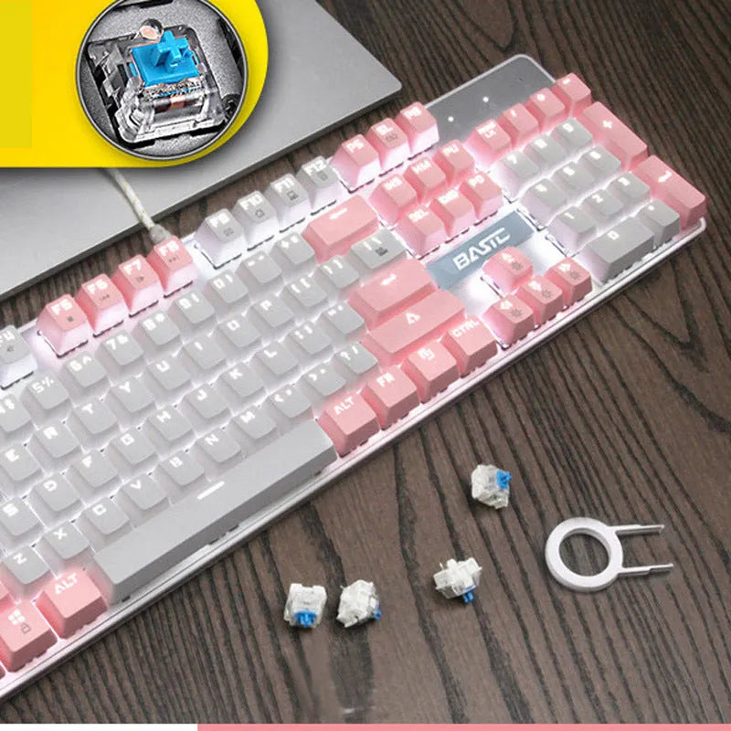 Pink colour 104-key mechanical keyboard with wired USB cable