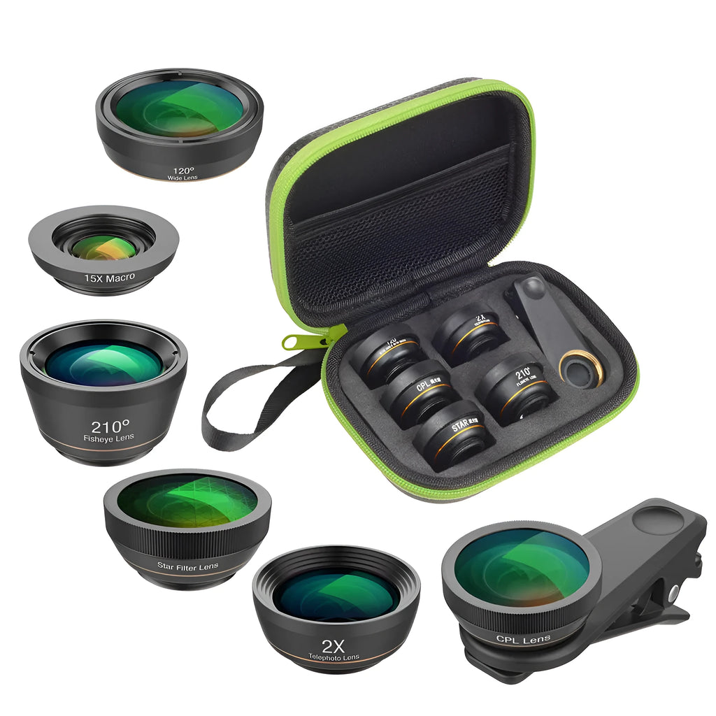 Black 6-in-1 mobile phone camera lens kit with fisheye, macro, wide-angle, telephoto, CPL, and star filter lenses on a universal clip.