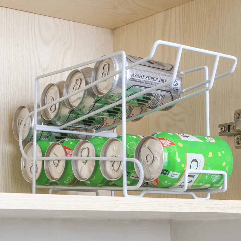 Double-layer iron kitchen storage rack for cans showing two tiers and compact size