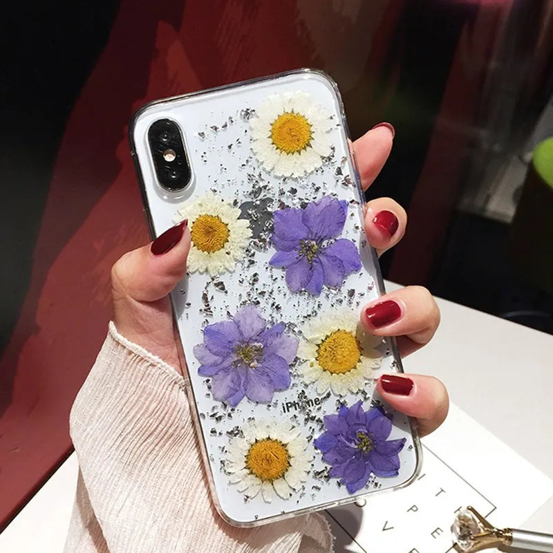 Handmade clear iPhone case with real dried flowers in epoxy resin on soft TPU back cover