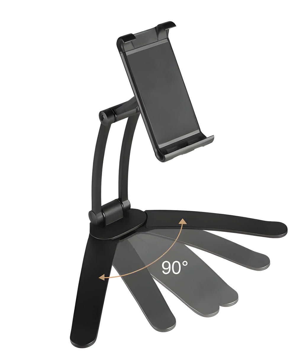 Silver aluminium desktop stand holding a tablet at an angle on a wooden desk.