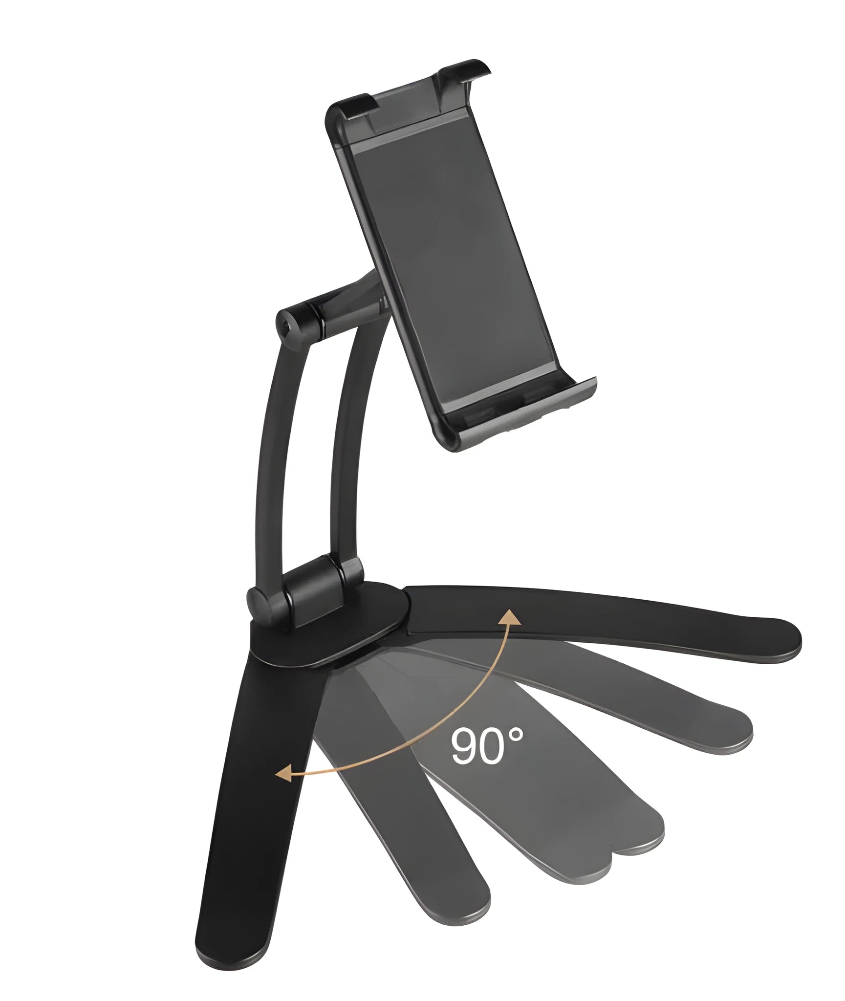 Silver aluminium desktop stand holding a tablet at an angle on a wooden desk.