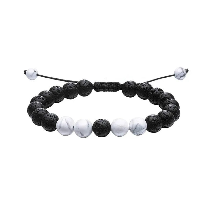 Geometric couple bracelets with tiger eye and matte black agate beads