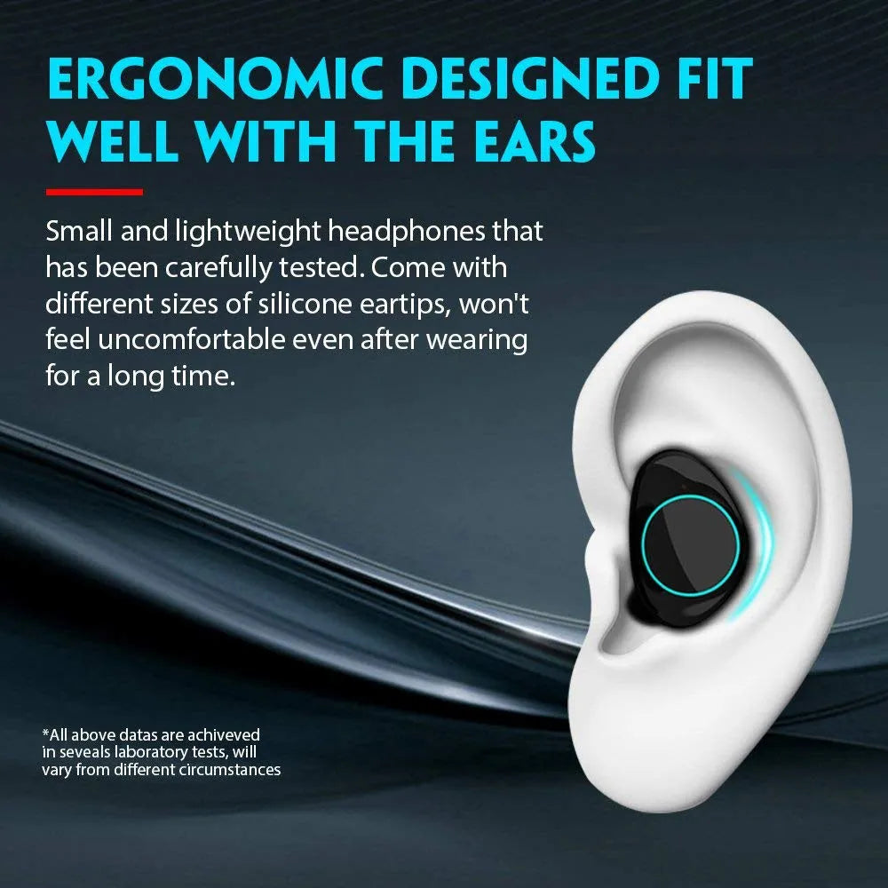 Black wireless Bluetooth 5.0 in-ear earbuds with ear hooks and charging case for iPhone and Android.