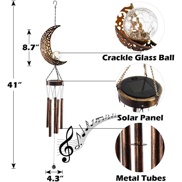 Wrought iron and glass solar wind chime pendant with warm white LED, Moon Star or Sun style, 18x11x104cm
