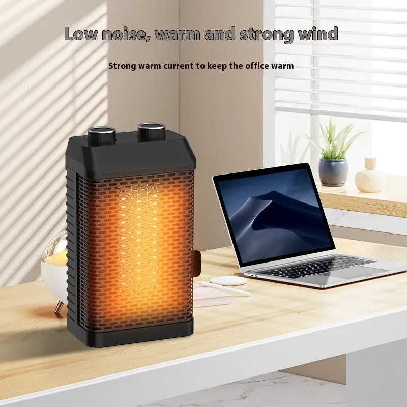 Black smart desktop heater with remote control showing dimensions 14.5x10x26cm