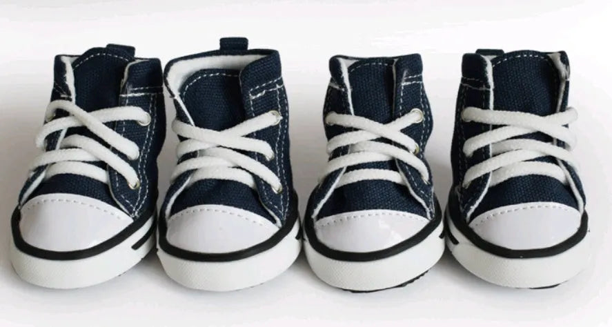 Pair of pet denim canvas dog shoes in navy blue with non-slip sole, size options 1-5 for small to medium dogs