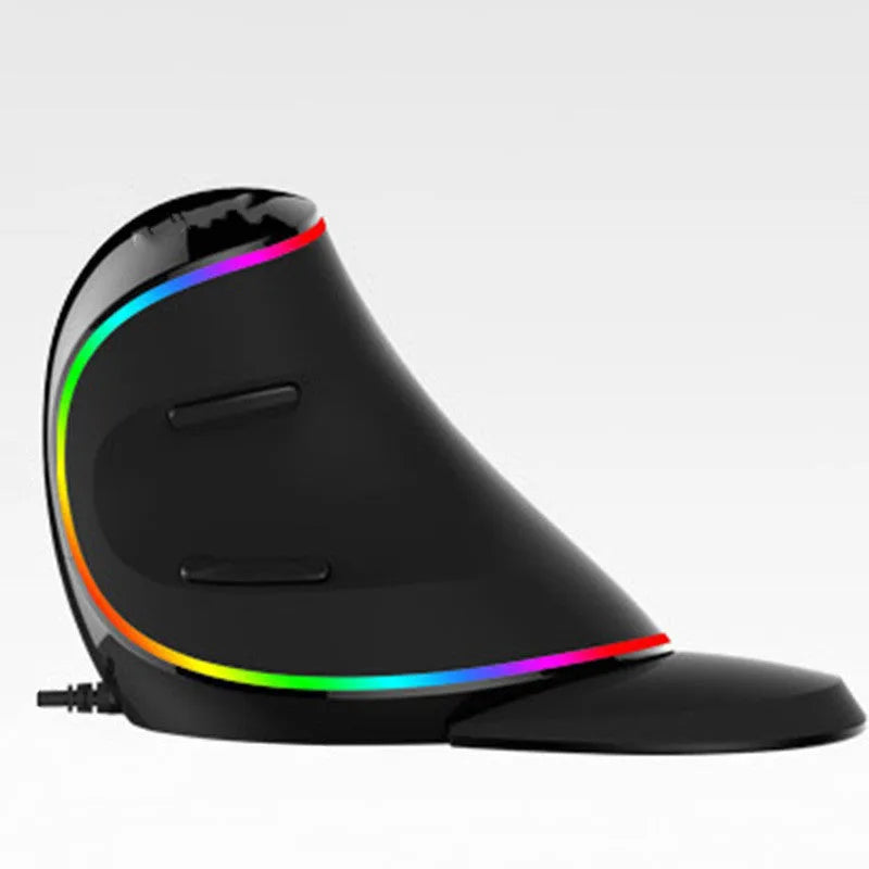 Vertical ergonomic wired computer mouse with RGB lighting, showing USB cable and DPI button.