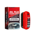 Car glass oil film cleaner with integrated liquid brush and reusable foam sprayer for windscreen cleaning