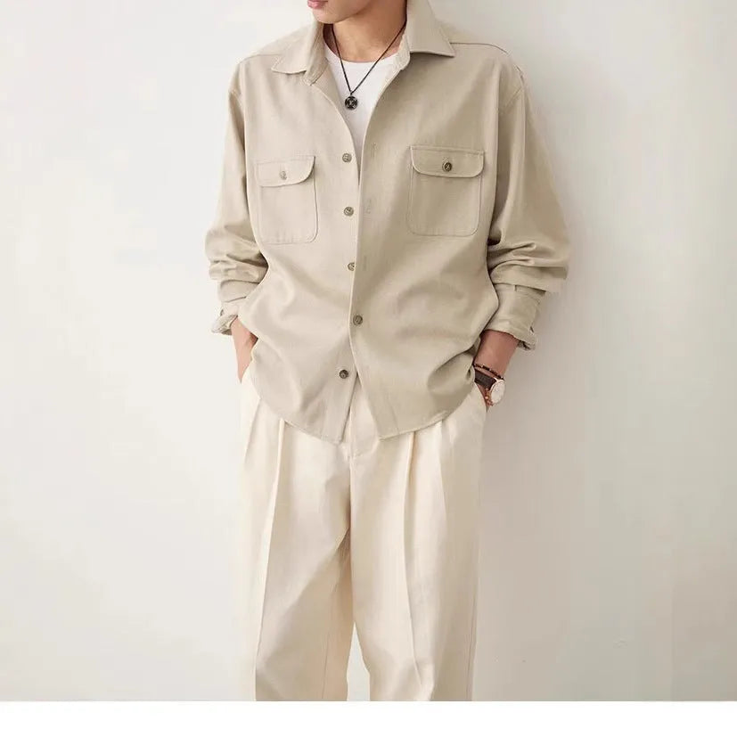 Men's light sand rice long sleeve casual shirt with a lapel collar, laid flat.