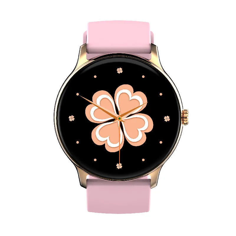 Black smart sports watch with circular screen displaying health metrics on a silicone wristband.