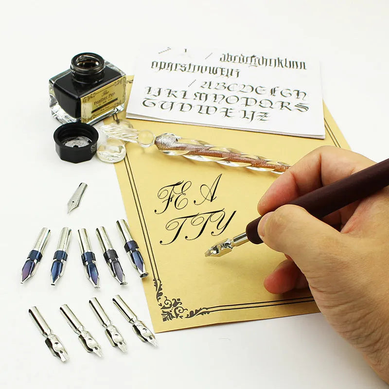 Handmade glass and wooden dip pen set in gift box with stainless steel nib, retro design for Valentine's Day