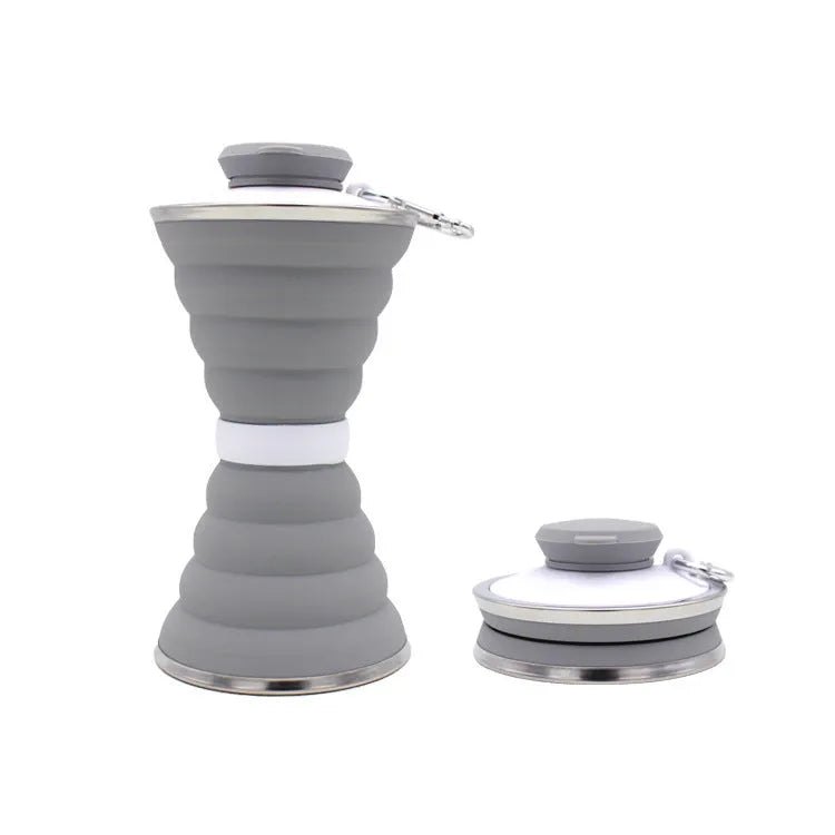 500ml silicone collapsible water bottle cup shown both expanded and folded with stainless steel rim
