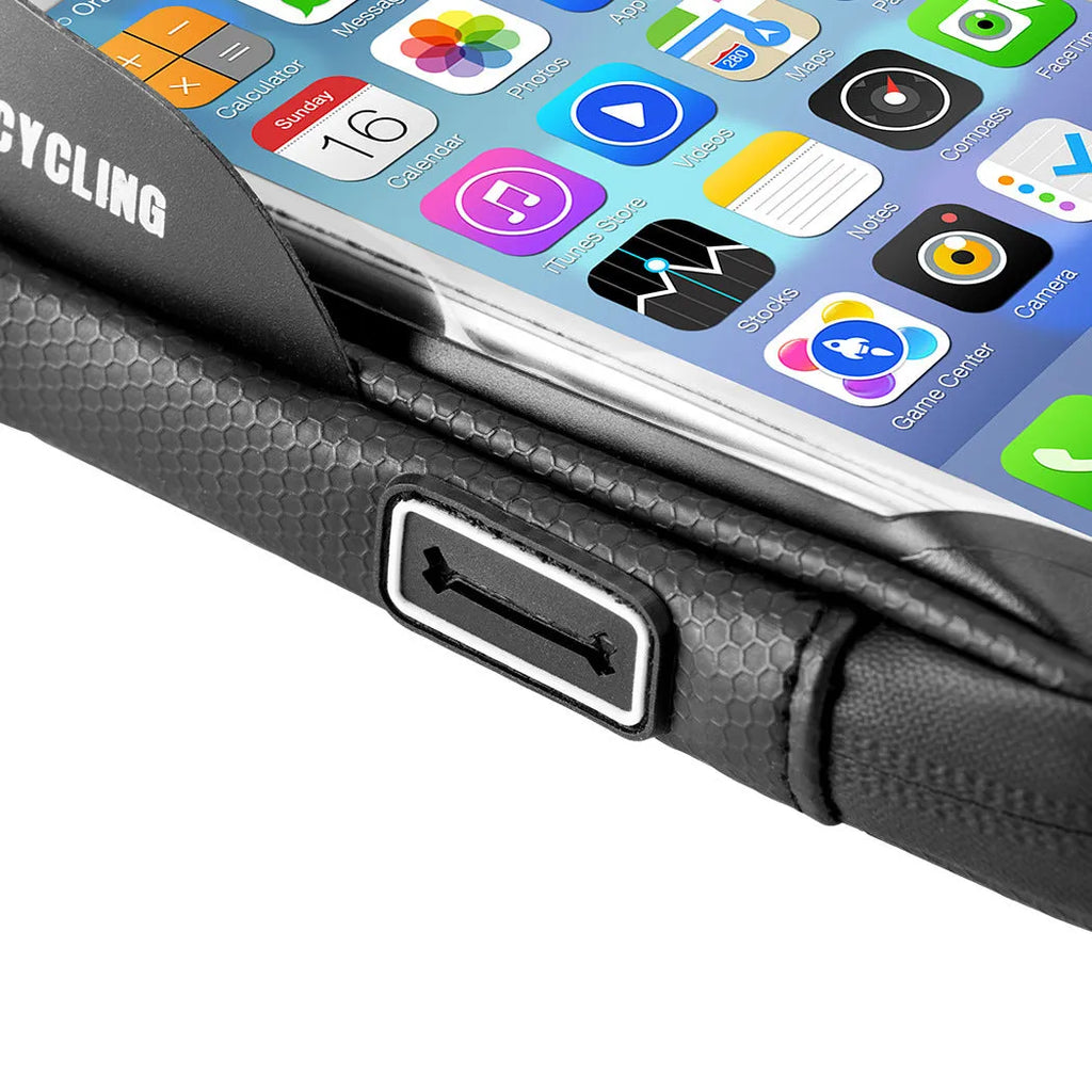 Black waterproof bicycle handlebar bag with transparent touch screen and rotating mount for navigation
