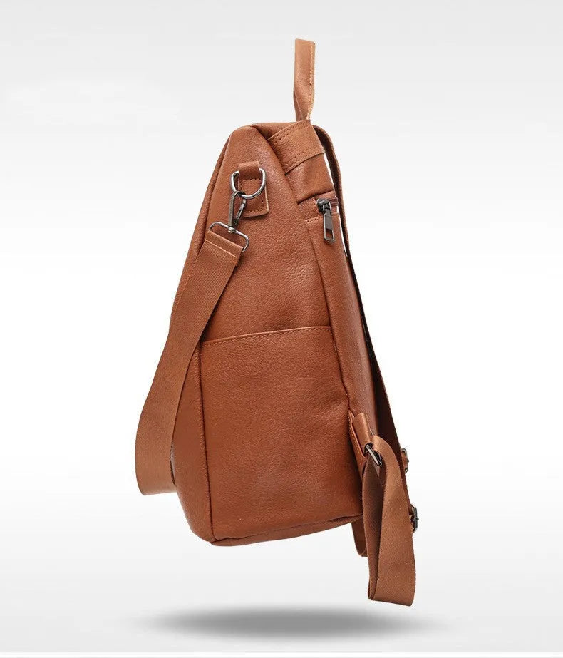 Women's solid colour large capacity PU leather backpack with zipper, black, 31x15x32cm