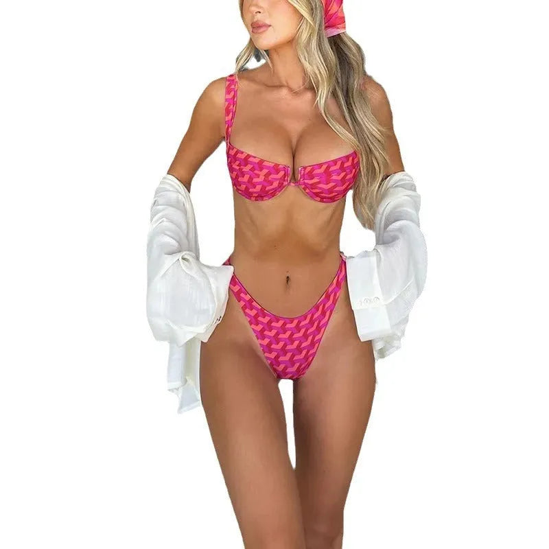 Women's pink striped bikini suit made of polyester and nylon, sleeveless top and briefs bottom