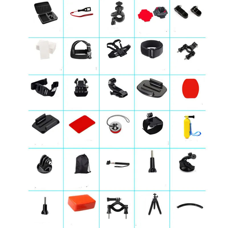 Black sports camera accessories set with storage bag, helmet mount, chest strap, selfie stick, and tripod