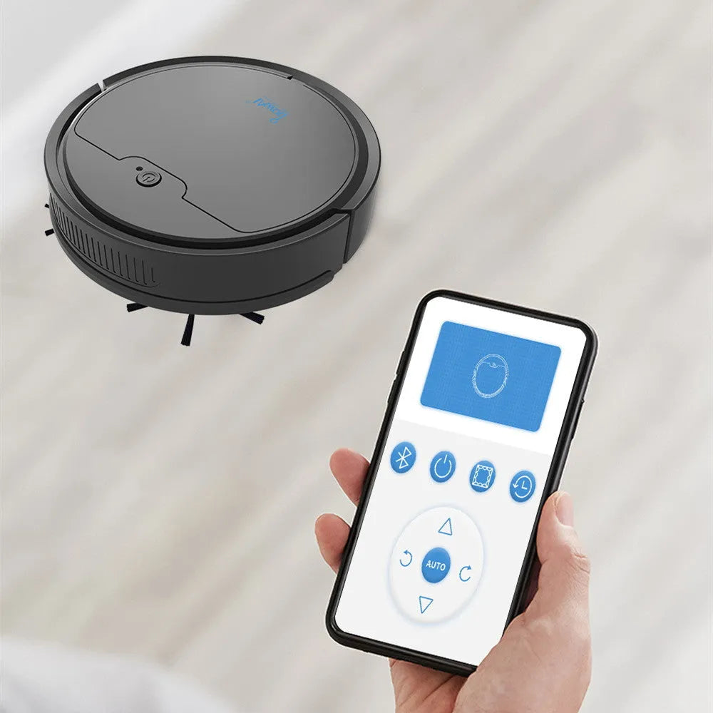 Bluetooth timing robot vacuum cleaner in black or white, 27.8 cm x 7.8 cm, USB powered, 400 ml capacity