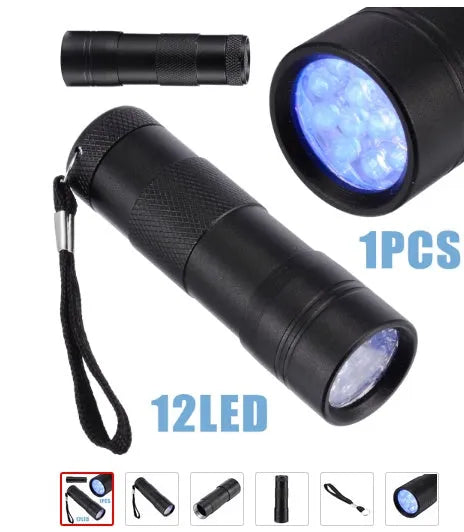 Black UV flashlight for detecting counterfeit currency and verifying documents with LED purple light