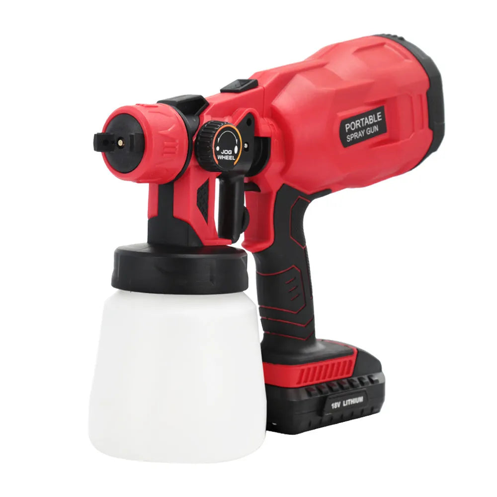 Blue cordless paint spray gun with 800ml watering can and lithium battery pack