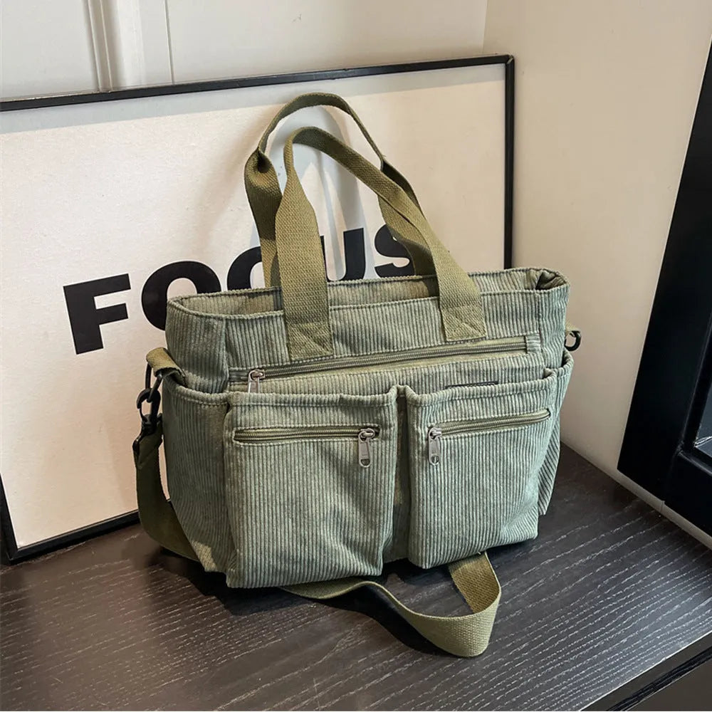 Large capacity women's soft corduroy shoulder messenger bag in beige, horizontal square shape