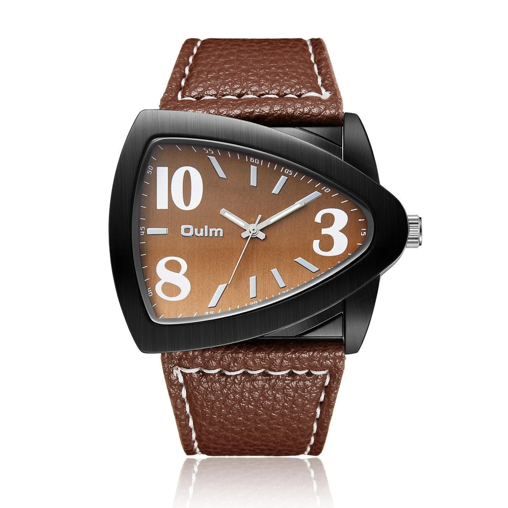 Men's casual triangle belt quartz watch in brown, black, and blue colour options showing 9mm thickness