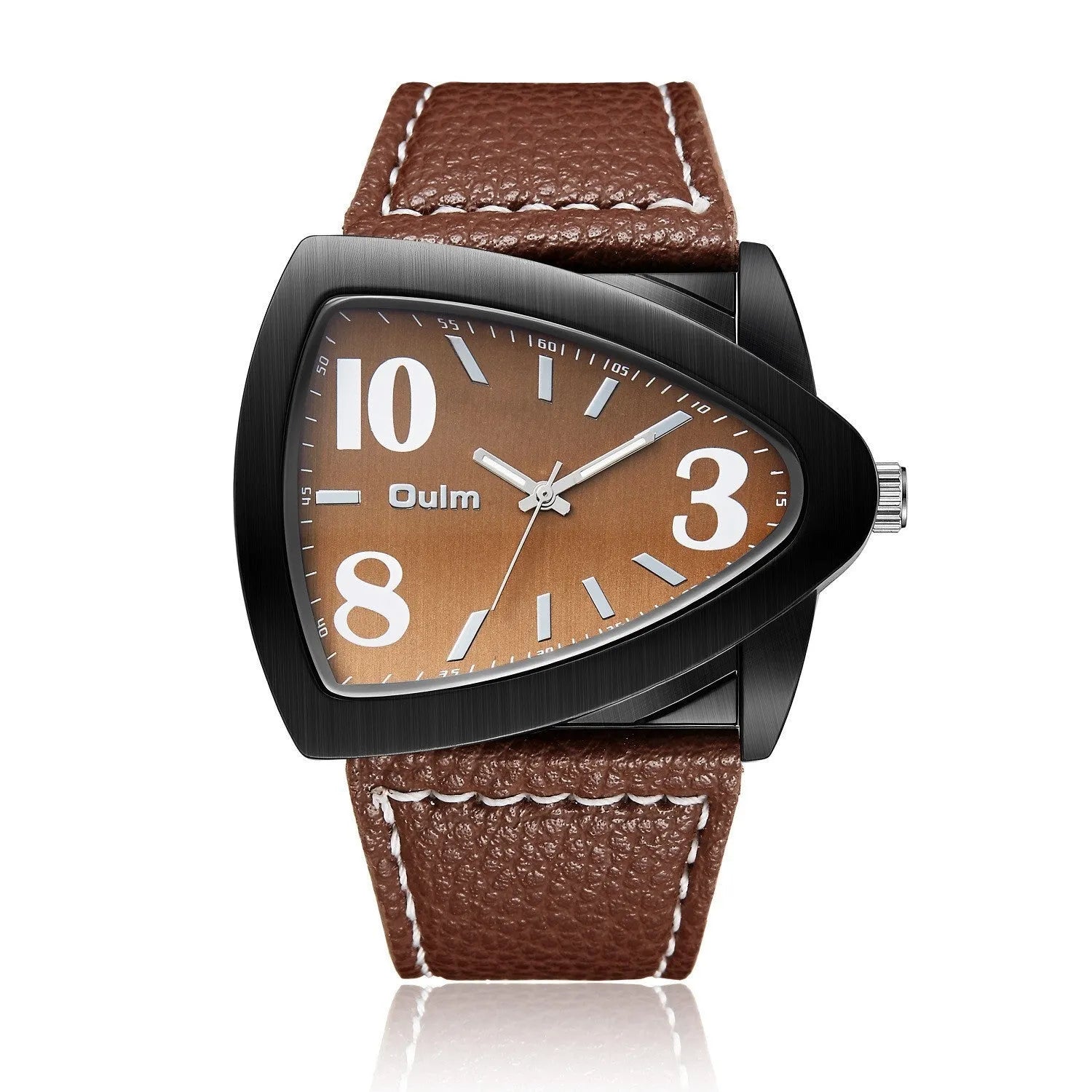 Men's casual triangle belt quartz watch in brown, black, and blue colour options showing 9mm thickness