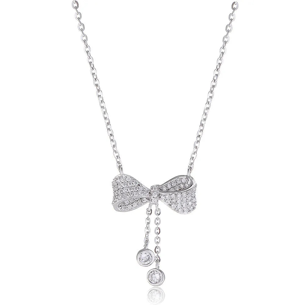S925 sterling silver bow pendant necklace on O-ring chain, silver electroplated finish