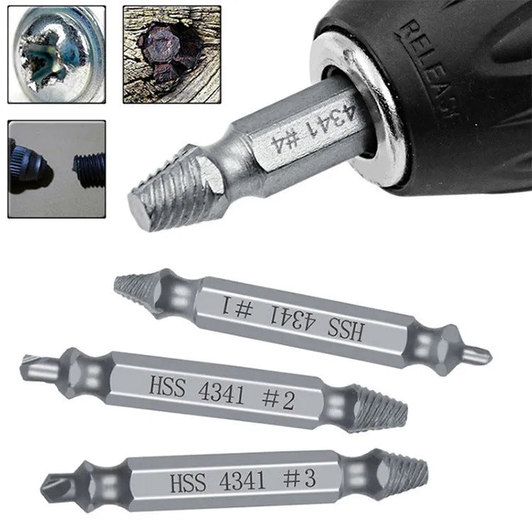 6-piece high speed steel 4341 slip-tooth head screw extractor set on a neutral background