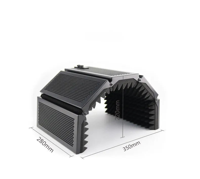 5-door black microphone enclosure with porous aluminium frame and high-density sponge panels on a recording desk