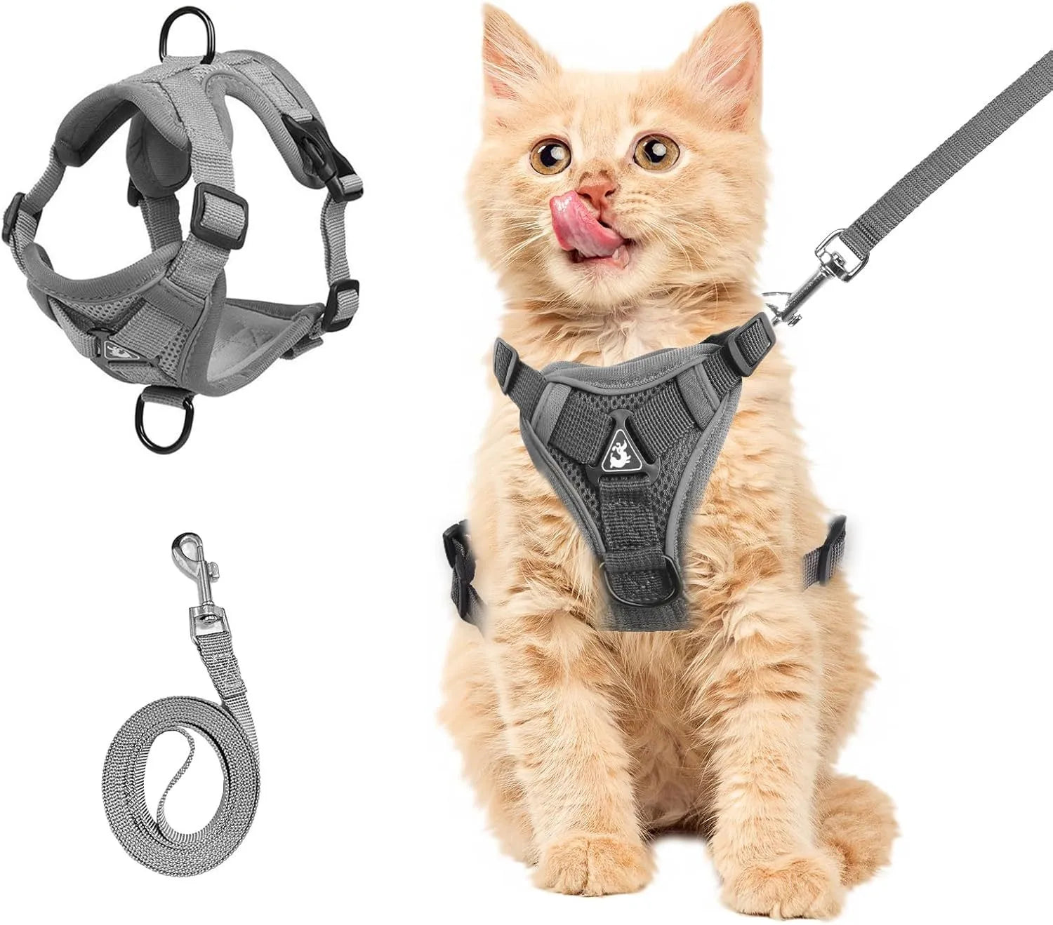 Adjustable soft mesh cat harness and leash set with reflective strips shown in blue, coffee, and grey colours.