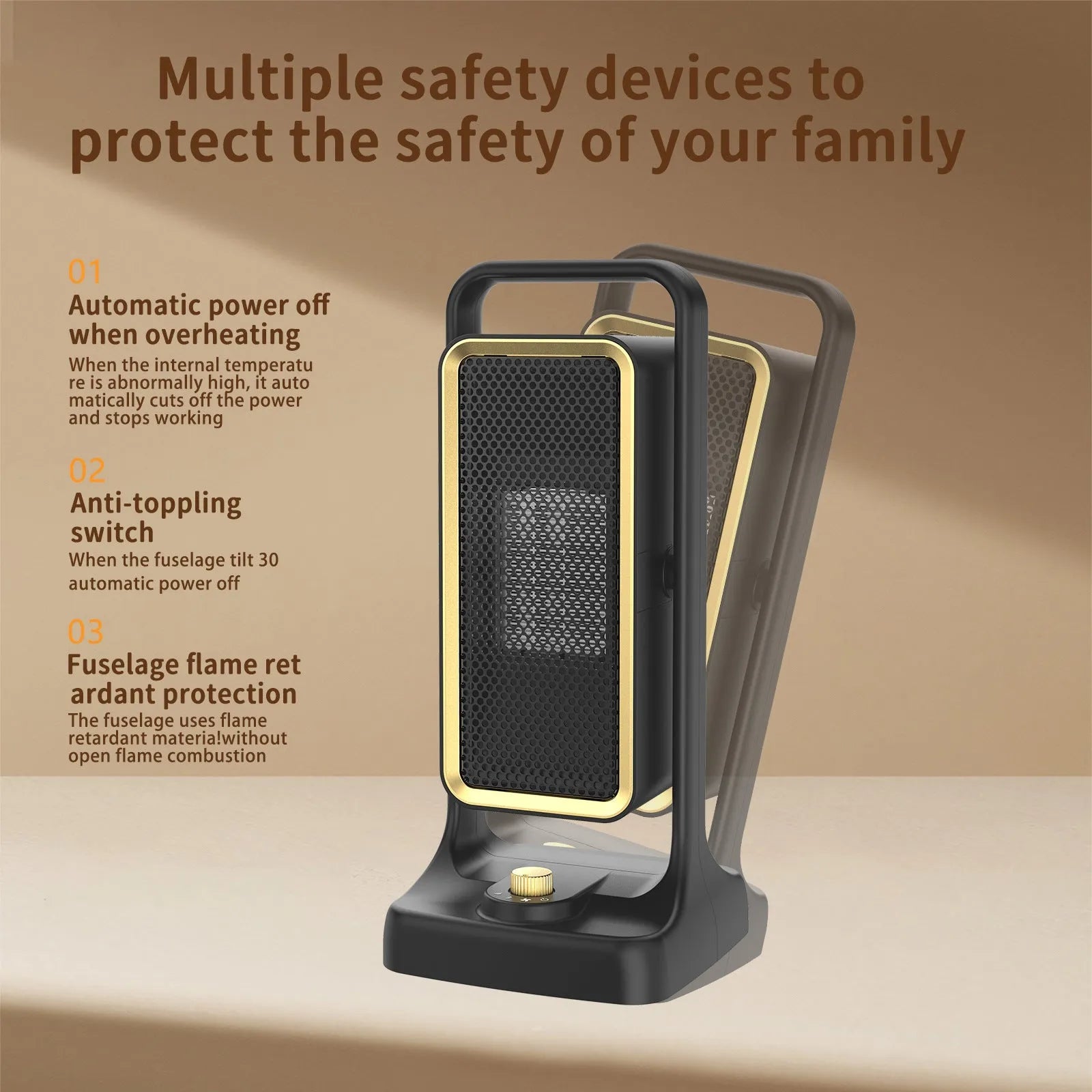 Black PTC ceramic desktop air heater with control knob showing compact dimensions