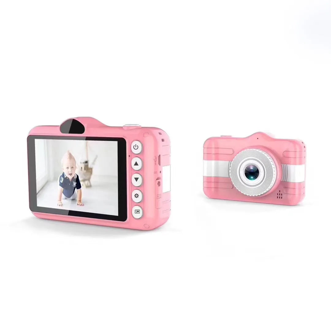 3.5 inch large screen cartoon digital HD camera for kids in pink with anti-fall silicone case