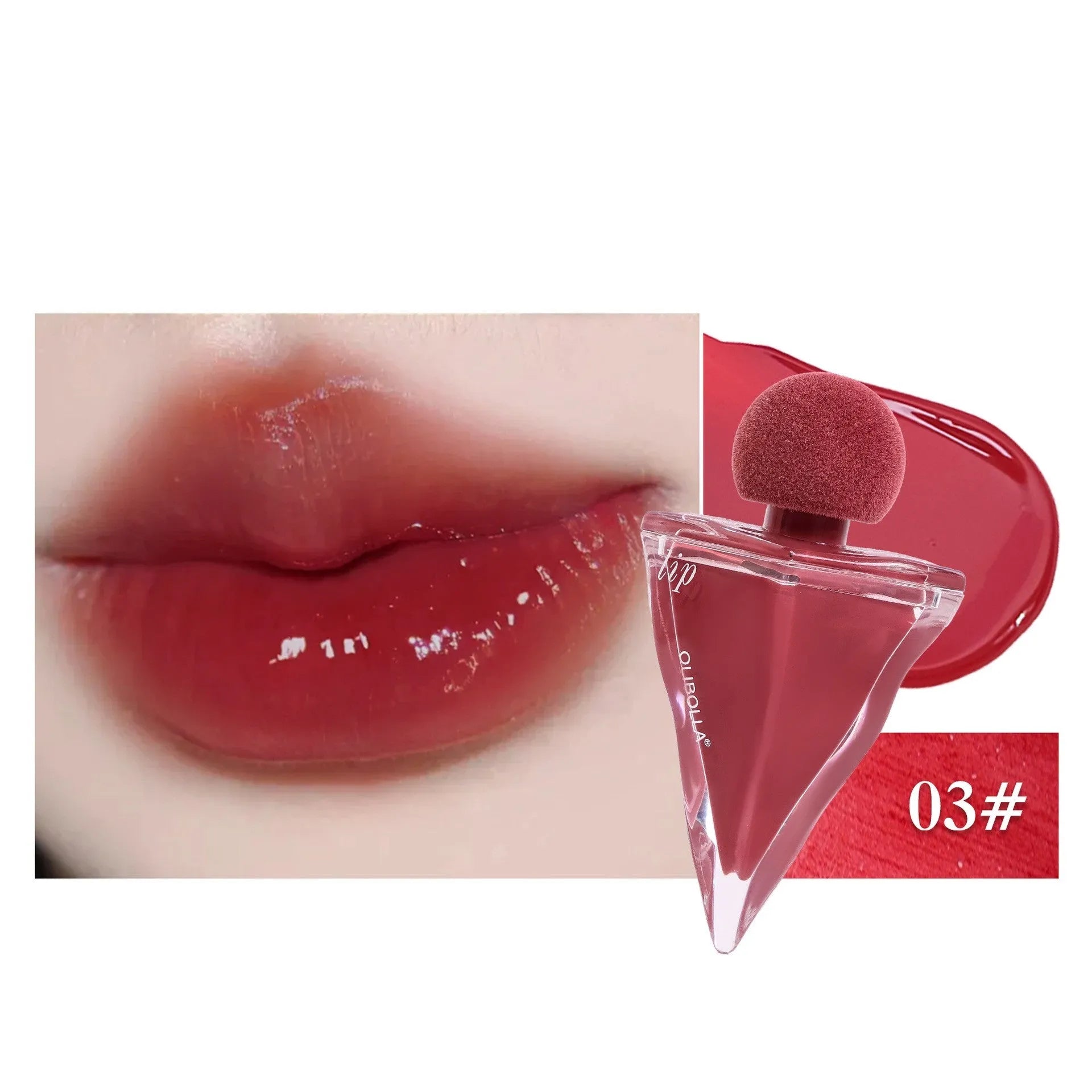 Glossy Mirror Triangle Bottle Lipstick in a modern triangle bottle, available in six shades for all skin types