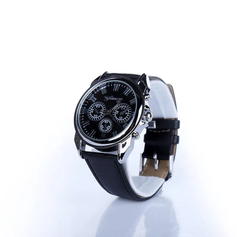 Men's leather watch gift set black genuine leather strap round dial quartz movement