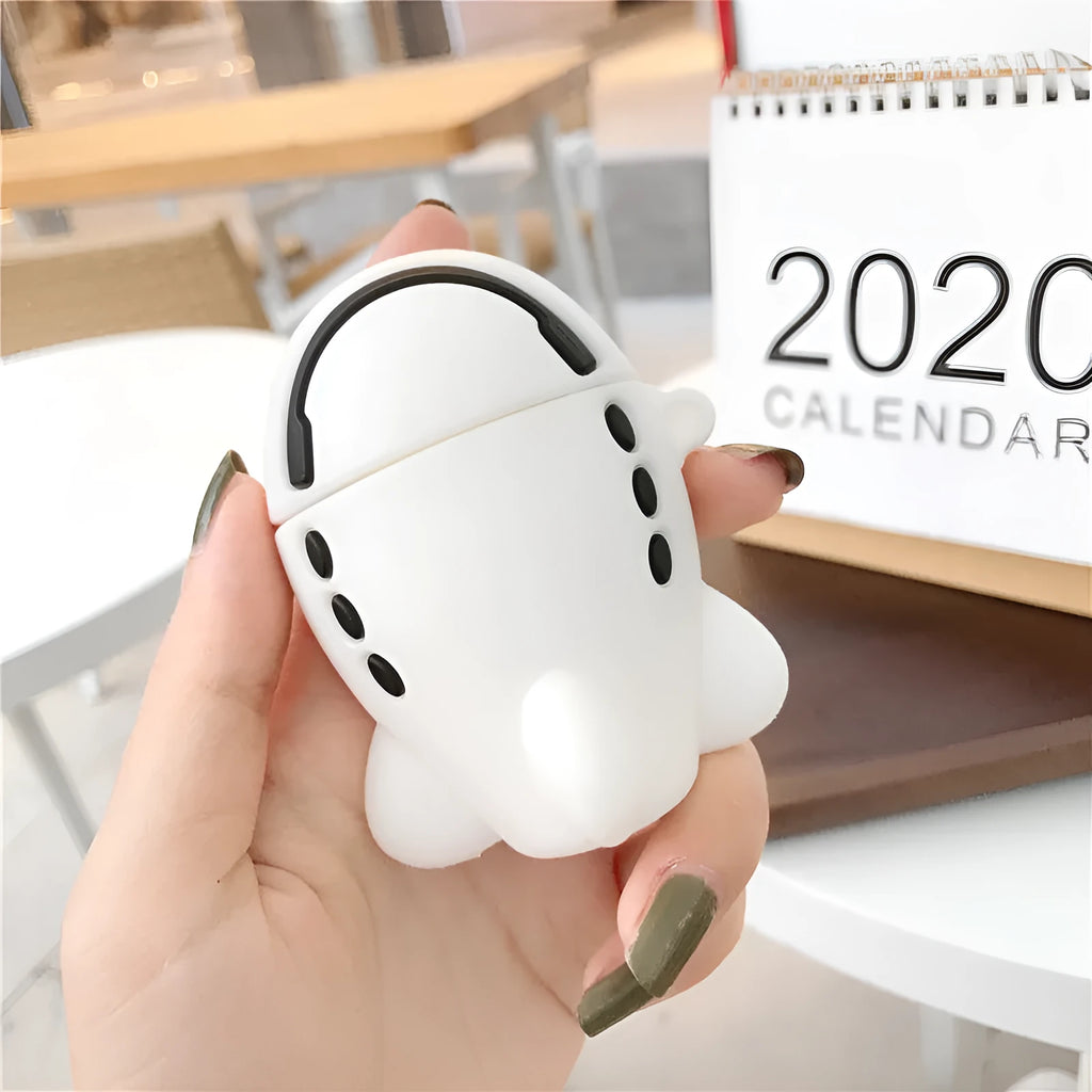 Silicone flip case with cartoon aeroplane design and hook for Apple AirPods 1 and 2.